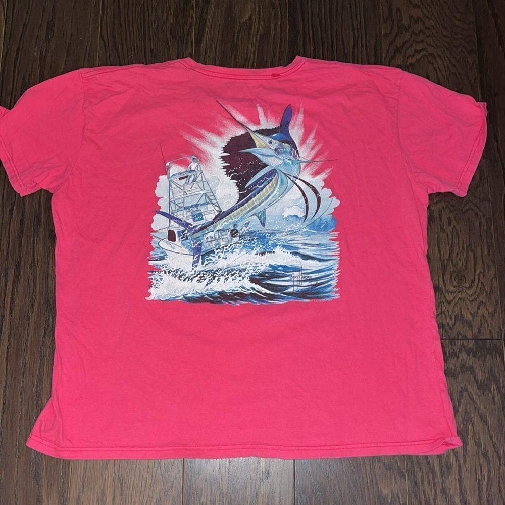 Hot Pink Guy Harvey blue water unisex woman’s fishing sailfish T shirt 2XL short